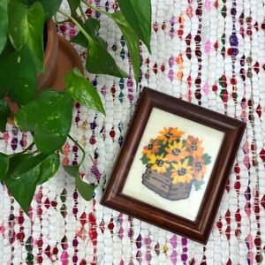 Vintage Yellow Floral Embroidery Wood Frame Art
